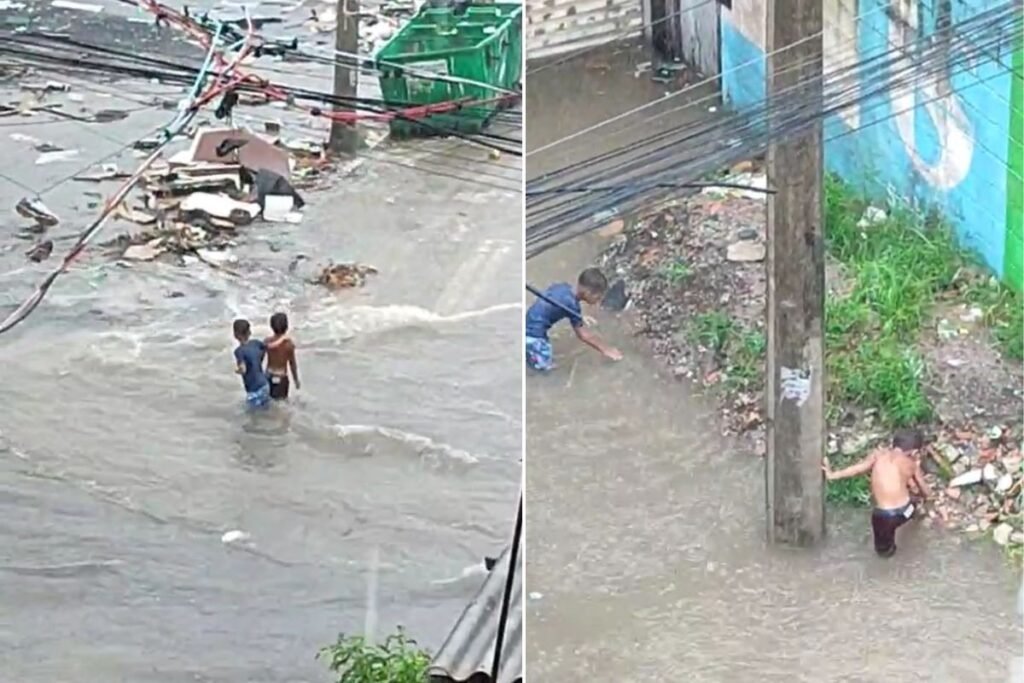 Crianças quase são atropeladas por caminhão durante enchente no litoral de SP; VÍDEO