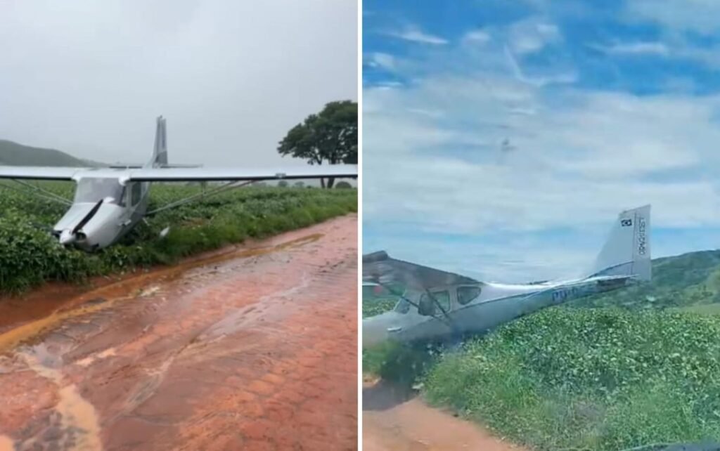 Avião faz pouso de emergência no meio de plantação