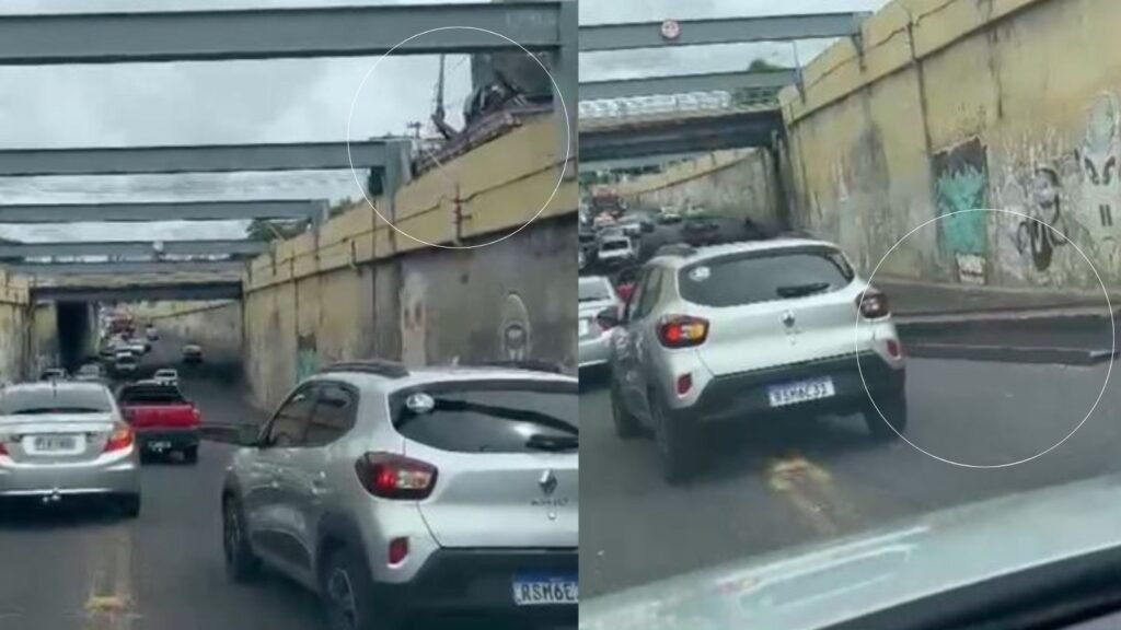 Vigas de ferro carregadas por caminhão caem de viaduto em Teresina